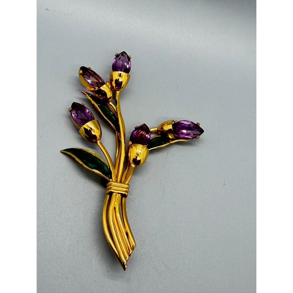 Vintage Gold Tone Purple Glass Enamel Flower Bouquet Brooch Large Statement - Picture 9 of 14